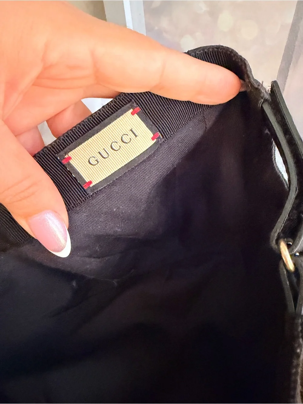 Gucci Black Monogram Baseball Cap with Green-Red Web Stripe